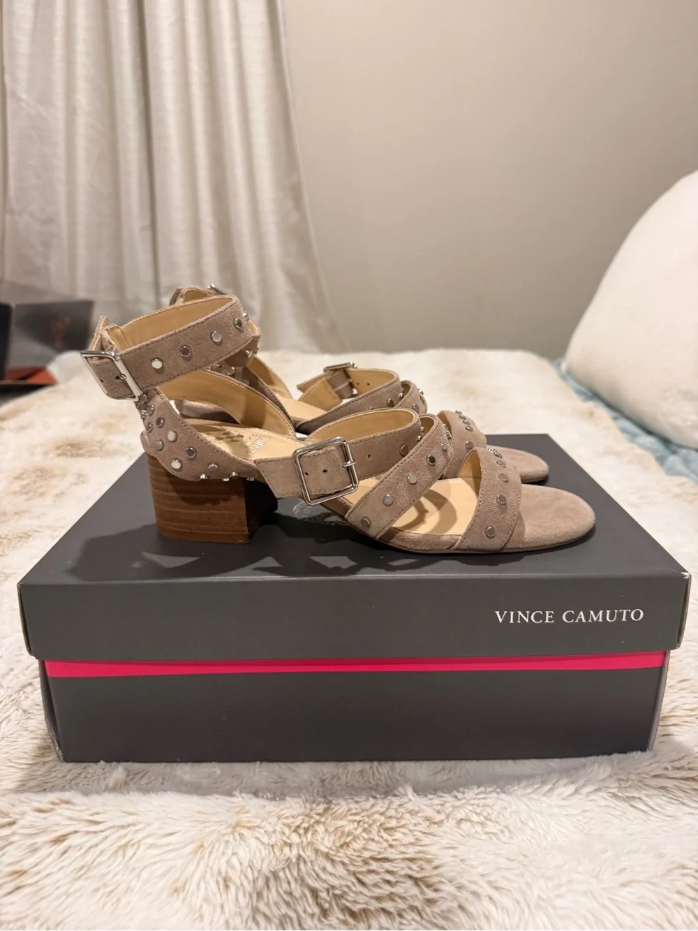 Vince Camuto Braylee Studded Suede Sandals – Totally Taupe – Size 7.5M NWT